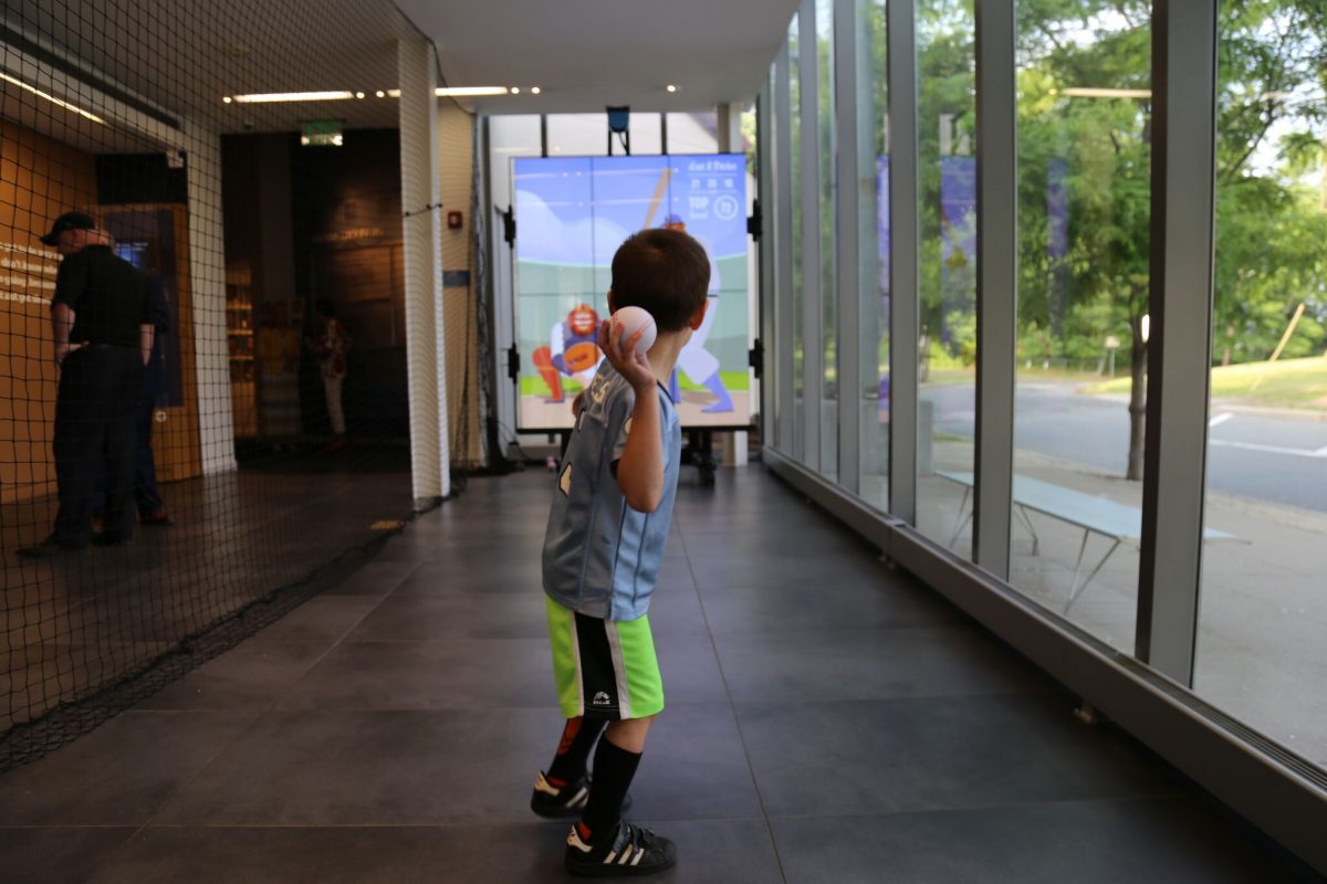 Young boy about to pitch a baseball at the Pitch! exhibition