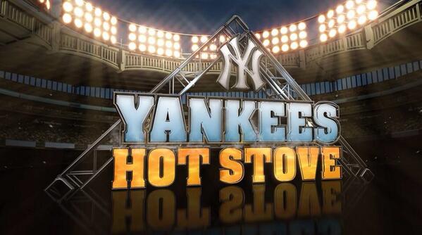 yankees hot stove graphic text surrounded by stadium lights
