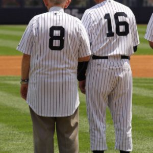 NEW YORK, NY - JUNE 26:  Yogi Berra (L) and Whitey Ford stand during The New York Yankees 65th Old Timers Day game on June 26, 2011 at Yankee Stadium in the Bronx borough of New York City.  (Photo by Al Bello/Getty Images)
