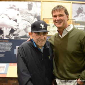 Los Angeles Dodgers Manager Don Mattingly visits with his friend, New York Yankees legend Yogi Berra Monday, April 22, 2013 at the Yogi Berra Museum in Little Falls, New Jersey. Photo by Jon SooHoo/LA Dodgers, 2013
