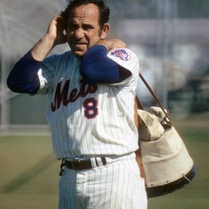 New York Mets coach Yogi Berra does the like-father-like-son bit