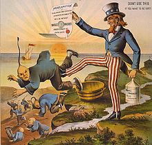 Racist cartoon depicting Uncle Sam kicking out Chinese immigrants