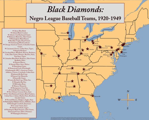 United States map showing where African American leagues existed.