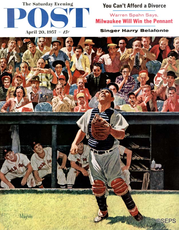 Illustrated Cover of The Saturday Evening Post featuring Yogi Berra from April 20, 1957 