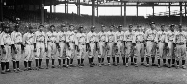 Baseball team lined up horizontally.