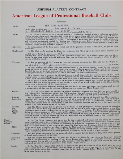 Yogi Berra's Signed Contract with the Yankees