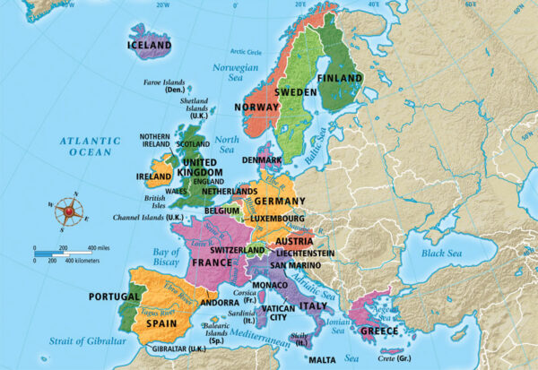A map of Western Europe with countries highlighted in multiple colors