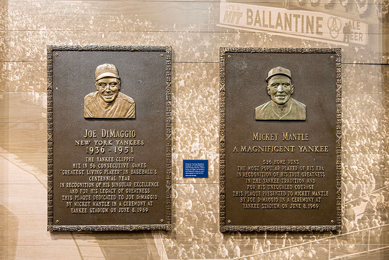 Original Monument Park plaques honoring teammates Joe DiMaggio & Mickey Mantle