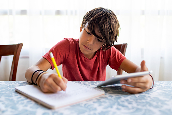 Boy with tablet and notebook