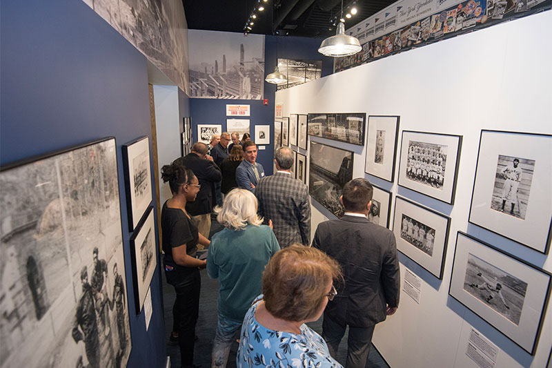 Visitors gather in the exhibit hallway.